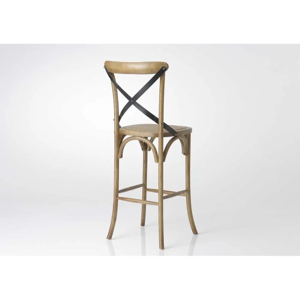 Chaise de bar en orme à croisillons en paille