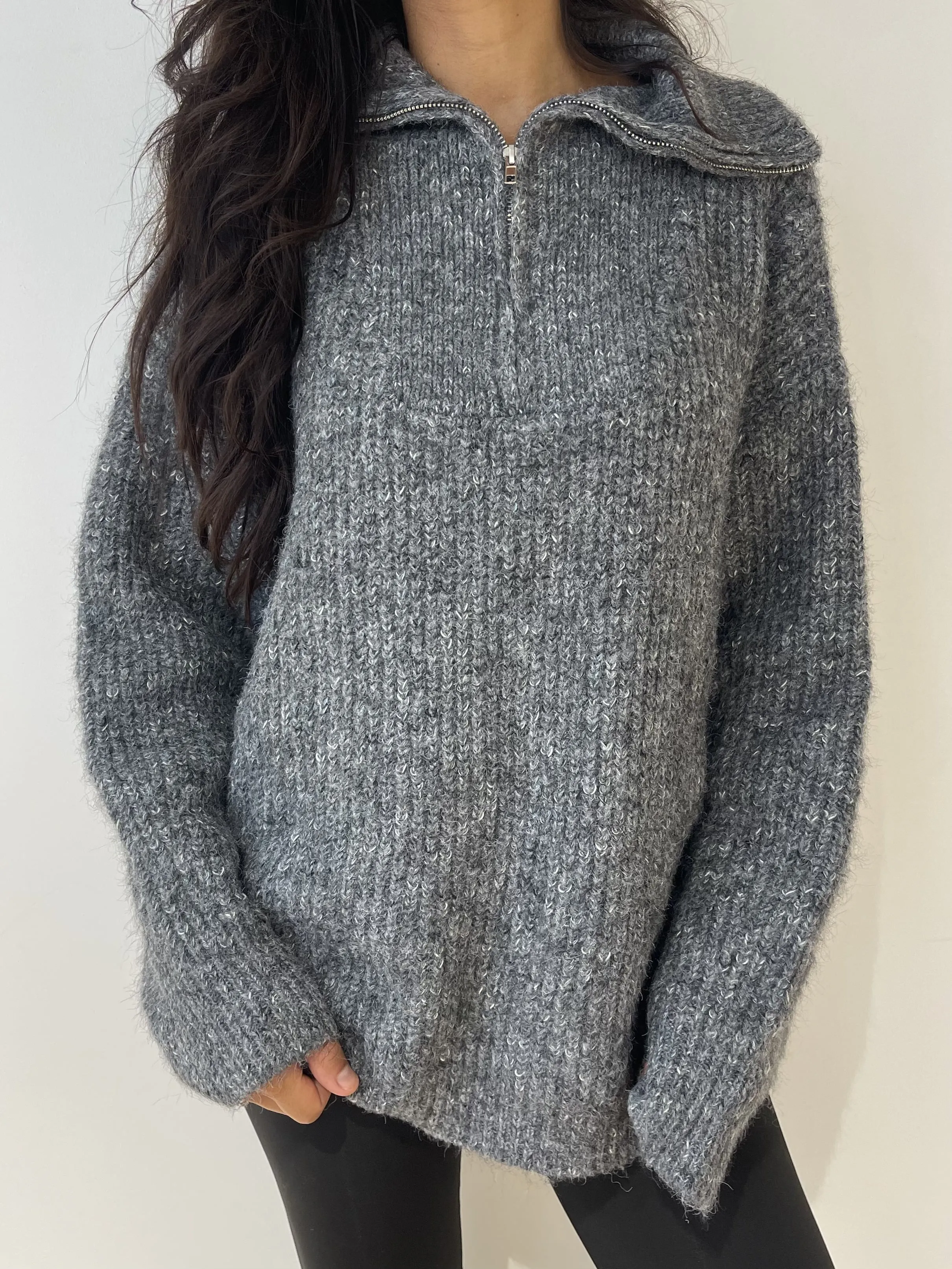 Pull zippé femme en laine gris | Kata Paris