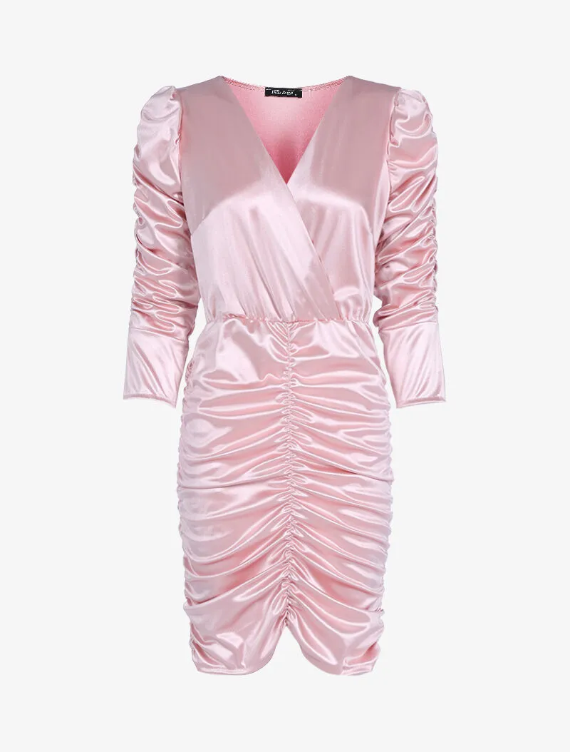 Robe froncée à manches longues - rose